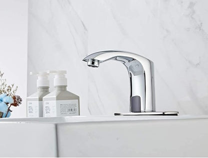 Automatic Bathroom Sink Faucet with Hole Cover Plate Sensor Touchless Dual-Powered Chrome Vanity Faucets Hands Free Water Tap with Control Box and Temperature Mixer Matching Pop Up Drain with Overflow