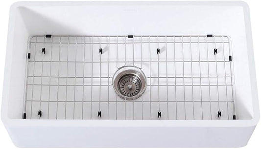 Kingston Brass Gourmetier KGKFA361810BC 36-Inch x 18-Inch Single Bowl Apron-Front Farmhouse Kitchen Sink with Drain, Matte White/Brushed