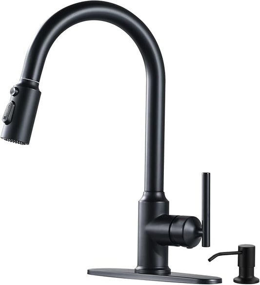 WOWOW Kitchen Faucet with Pull Down Sprayer, Matte Black Kitchen Faucet with Sprayer, Stainless Steel High Arc Single Handle Pull Down 3 Hole Black Bar Sink Faucet Kitchen for Rv Sink Faucets Kitchen
