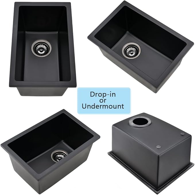12 Inch Black Bar Sink Undermount-VASOYO 12x16 Rv Sink Kitchen Bar Sinks Black Quartz Composite Oudoor Single Bowl Deep Kitchen Sinks with Bottom Grid
