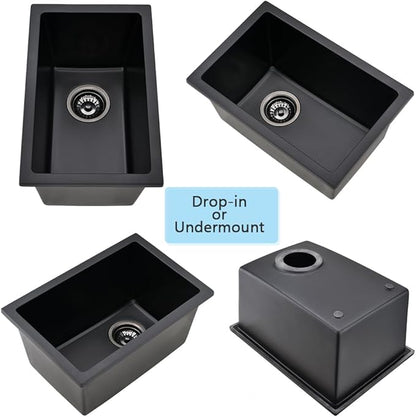 12 Inch Black Bar Sink Undermount-VASOYO 12x16 Rv Sink Kitchen Bar Sinks Black Quartz Composite Oudoor Single Bowl Deep Kitchen Sinks with Bottom Grid