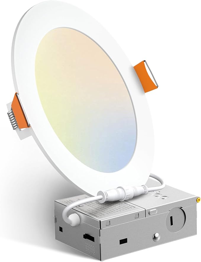 Amico 1 Pack 6 Inch 5CCT Ultra-Thin LED Recessed Ceiling Light with Junction Box, 2700K/3000K/3500K/4000K/5000K Selectable, 12W Eqv 110W, Dimmable Canless Wafer Downlight, 1050LM High Brightness -ETL