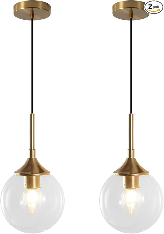KCO Lighting Brushed Gold Kitchen Pendant Light 7” Modern Clear Glass Globe Pendant Light Brass Dining Room Light Fixture Mid Century Entryway Hanging Light Fixture (2 Pack)