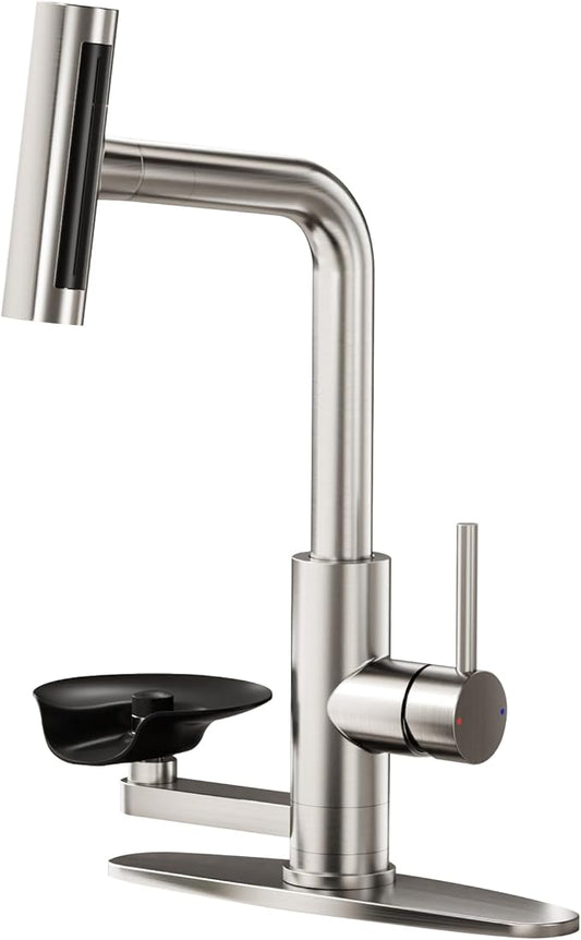 HOWUWEY Kitchen Faucet with Pull Down Sprayer & Cup Washer, Glass Rinser Faucet for Kitchen Sink, Single Handle Waterfall 1 or 3 Hole Tap for Bar Sink Farmhouse Camper Laundry Rv (Brushed Nickel)