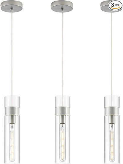3 Pack Pendant Lights Kitchen Island (Bulbs Included), Brushed Nickel Adjustable Modern Glass Pendant Light Over Island, Industrial Pendant Light Fixtures for Dining Room Hallway Bedroom Living Room