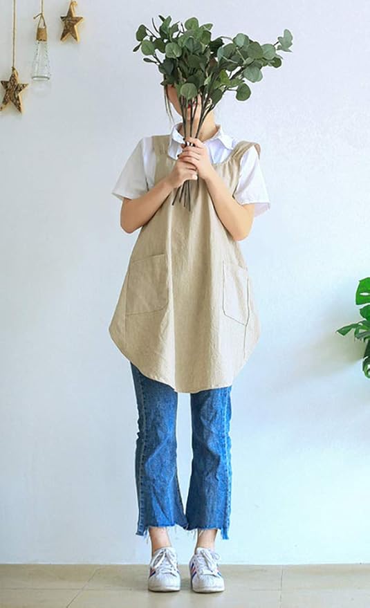 Soft Cotton Linen Apron Cross Back X-Shaped Japanese Style Pinafore Dress for Cooking, Housewarming, Daily Chores