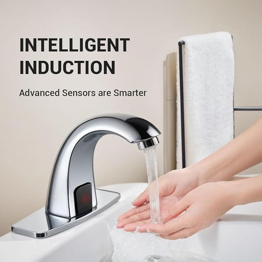 Automatic Sensor Touchless Bathroom Sink Faucet, Chrome Vanity Faucets,Hands Free Battery Powered Modern Vanity Tap with Deck Plate, Control Box and Temperature Mixer