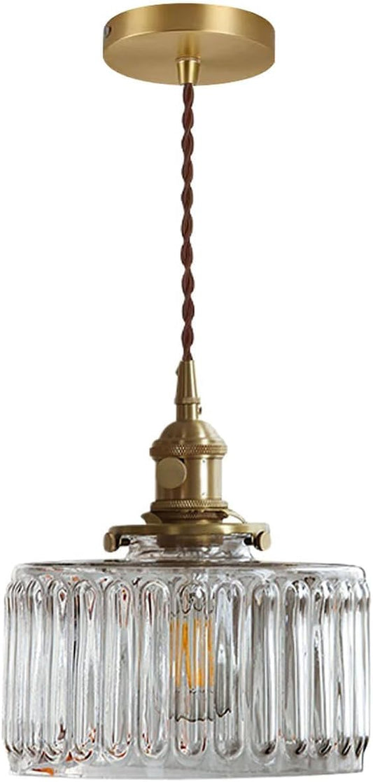 Glass Hanging Lights One-Light Vintage Pendant Light Fixtures Clear Striped Glass Shade Mid Century Modern Pendant Light Gold Brass Light Fixture Adjustable Cord for Dining Room Hallway