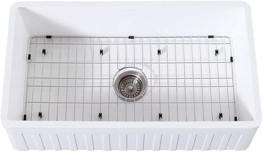 Gourmetier KGKFA361810CD 36-Inch x 18-Inch Single Bowl Apron-Front Farmhouse Kitchen Sink with Drain, Matte White/Brushed