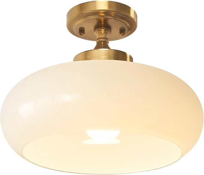 Mid Century Modern Semi Flush Mount Ceiling Light Fixture, Gold Chandelier with 11.02" Milk White Glass Shade, Vintage Close to Ceiling Lamp for Hallway, Entryway, Bathroom, Closet