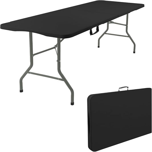 Fivenl 5 Feet Portable Folding Table Black, Steel Legs Fold-in-Half with Carrying Handle Rectangular Plastic Foldable Table for Party, Wedding, Camping, Picnic, Dining, Indoor Outdoor Events