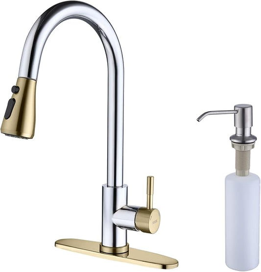 Keer Gold & Polished Chrome Single Handle Pull Down Kitchen Faucet with Soap Dispenser, 3 Modes Sprayer, Easy Assembly, Single Handle High Arc Stainless Steel Faucet