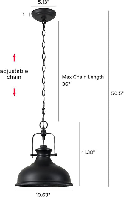 GZBtech Industrial Dome Pendant Light, Metal Chain Adjustable Farmhouse Hanging Light, 50.5 Inches Vintage Rustic Lighting Fixture with Polished Black Finish for Kitchen Dinning Room Barn, UL Listed