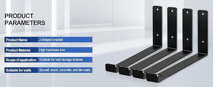 10 Pack - 11.25" L x 6" H x 1.5" W J Lip Shelf Brackets Rustic Farmhouse Iron Wall Floating Shelf Bracket Metal Shelf Bracket Industrial Shelf Supports with Screws Black