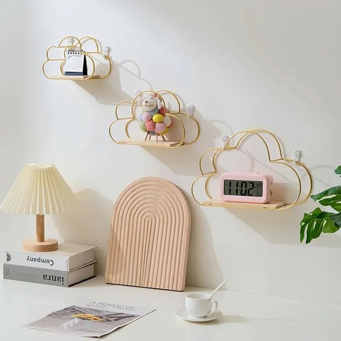 Floating Cloud Shelves for Wall 3 Pack, Mini Cute Floating Shelves with LED Lights for Kids Room Decor, Hanging Display Wall Shelf for Bedroom Kitchen Living Room Decor
