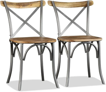 Set of 4 Modern Farmhouse Dining Chairs in Brown Mango Wood & Silver Steel 20.5 x 20.1 x 33.1 in Cross Back Comfortable Kitchen Restaurant Accent Seating for Dining Room Living Room