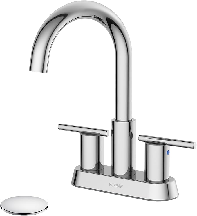 Hurran 4 Inch Bathroom Faucet for Sink 3 Hole, Chrome Bathroom Faucet with Pop-up Drain and 2 Supply Hoses,Stainless Steel Lead-Free 2-Handle Centerset Faucet for Sink Vanity RV
