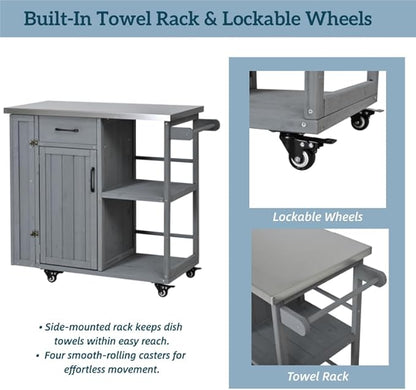 MERITLINE Outdoor Kitchen Island with Stainless Steel Top, Lockable Wheels & Towel Rack, Mobile BBQ Prep Cart with Hidden Cabinet, Drawer, Shelves for Patio, Garden, Backyard, Grey