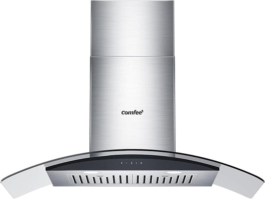 COMFEE' Curved Glass Range Hood 36 Inch 450 CFM 3 Speed Gesture Sensing &Touch Control Panel Stainless Steel Kitchen Ductless/Ducted Convertible with Baffle Filters and 2 LED Lights (CVG36W9AST)