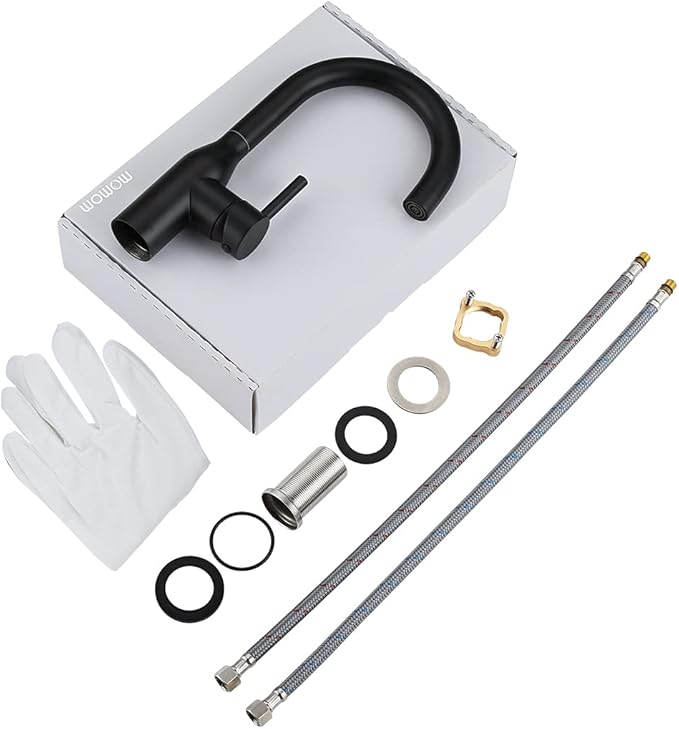 WOWOW Black Bathroom Faucet - Stainless Steel Single Handle Bar Sink High Arc Lavatory Mixer - Small Kitchen Tap With Supply Hoses