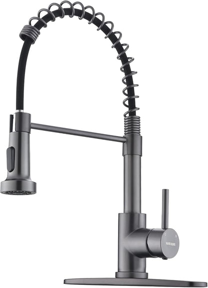 WEWE Black Stainless Kitchen Faucet, Faucet for Kitchen Sink with Pull Down Sprayer Gray Matte Gun Black Kitchen Faucet with Deck Plate Stainless Steel Farmhouse Commercial Single Handle Sink Faucet
