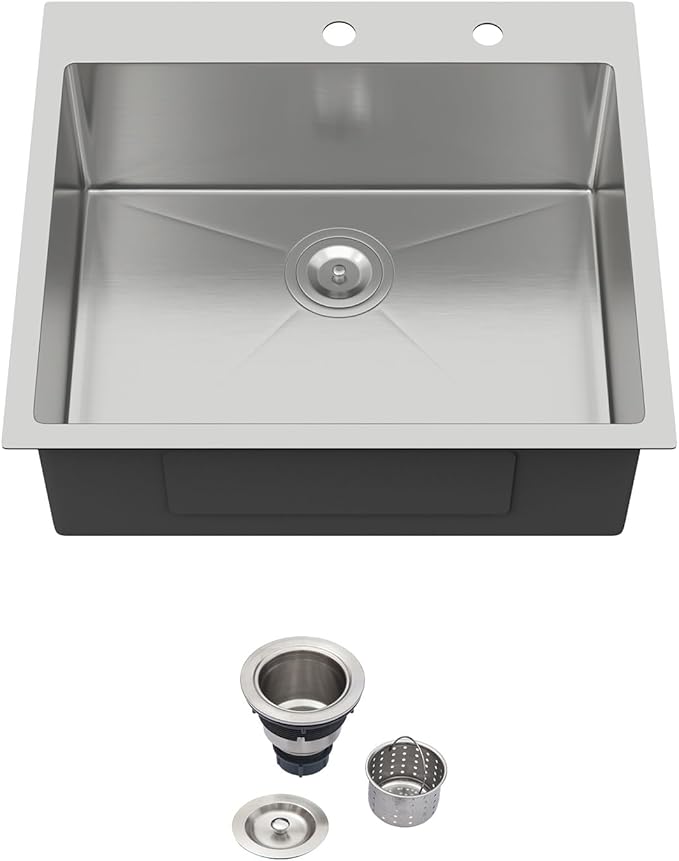 25x22 Drop in Kitchen Sink 25 Inch Stainless Steel Sinks 16 Guage 304 Single Bowl 9'' Deep Sinks with Drain Assembly LMT25229