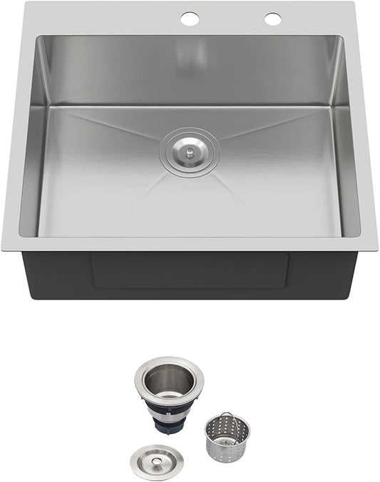 25x22 Drop in Kitchen Sink 25 Inch Stainless Steel Sinks 16 Guage 304 Single Bowl 9'' Deep Sinks with Drain Assembly LMT25229