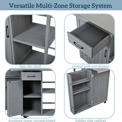 MERITLINE Outdoor Kitchen Island with Stainless Steel Top, Lockable Wheels & Towel Rack, Mobile BBQ Prep Cart with Hidden Cabinet, Drawer, Shelves for Patio, Garden, Backyard, Grey