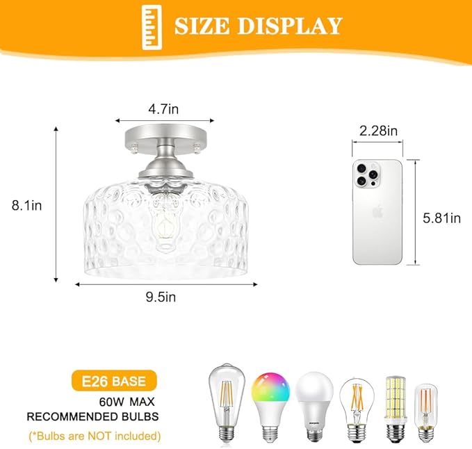 Daunton Small Semi Flush Mount Ceiling Light Fixture, Vintage Brushed Nickel Close to Ceiling Lighting with Hammered Glass Shade for Hallway, Kitchen, Entryway (Retro Design, Easy Install)