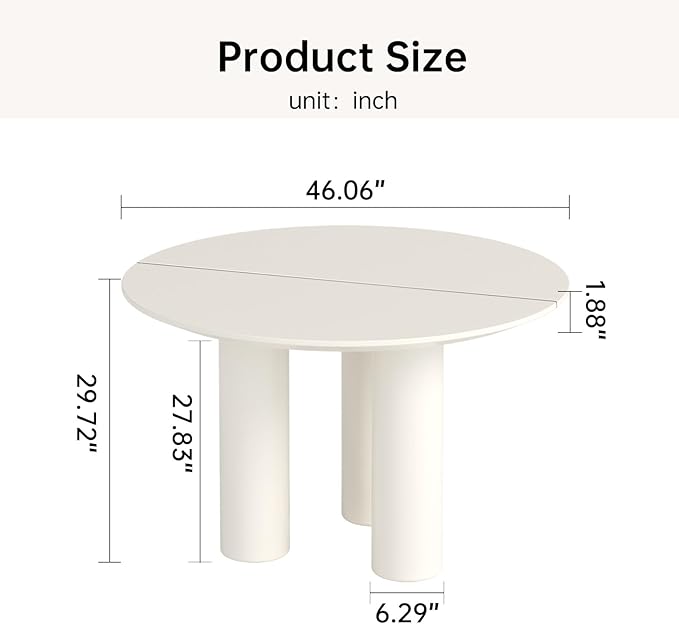 Miuuod 46 in Round Dining Table for 4 to 8 People, Single Kitchen Furniture, Large Dinner Desk for Center Coffee Island for Living Room,Balcony Cream White