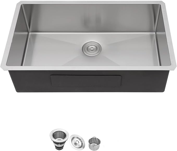 30 Inch Undermount Kitchen Sink 16 Gague Stainless Steel Handmade Single Bowl Sink Large Deep Under Counter Sinks, 30"x18"x9"