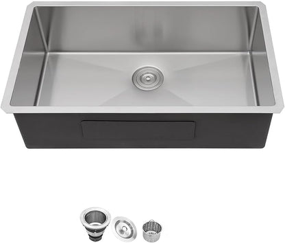 30 Inch Undermount Kitchen Sink 16 Gague Stainless Steel Handmade Single Bowl Sink Large Deep Under Counter Sinks, 30"x18"x9"