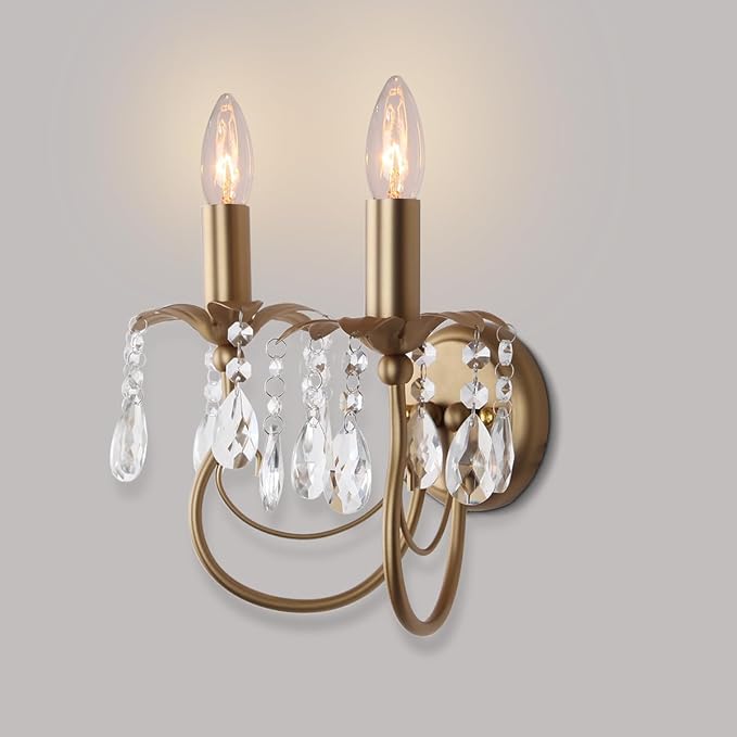 Crystal Wall Sconce Vintage Candle Wall Sconces Gold Wall Lamp Antique Sconces Hardwired Wall Lighting Vanity Light Victorian Wall Sconce Lighting for Living Room Hallway Bathroom Bedroom