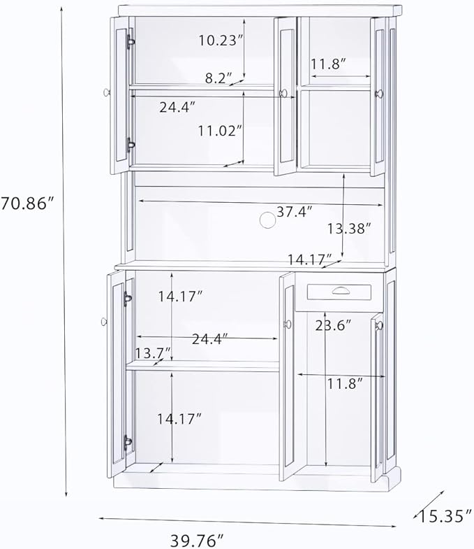RASOO Kitchen Pantry Cabinet White 71" Freestanding Sideboard Storage Cabinet Furniture Microwave Cabinet with 6 Doors and 1 Drawer