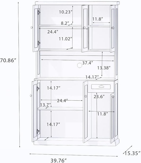 RASOO Kitchen Pantry Cabinet White 71" Freestanding Sideboard Storage Cabinet Furniture Microwave Cabinet with 6 Doors and 1 Drawer