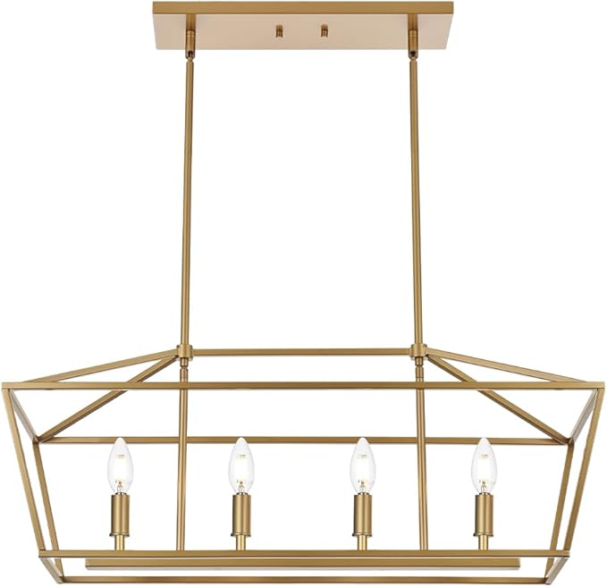 BONLICHT Traditional Dining Room Linear Chandelier Brushed Brass 4 Light Farmhouse Kitchen Island Lantern Pendant Lighting Fixture Hanging Rectangle Gold Pendant Lamp for Restaurant Bar, E12 Base