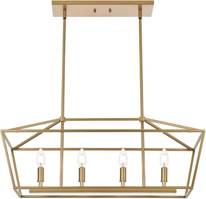 BONLICHT Traditional Dining Room Linear Chandelier Brushed Brass 4 Light Farmhouse Kitchen Island Lantern Pendant Lighting Fixture Hanging Rectangle Gold Pendant Lamp for Restaurant Bar, E12 Base