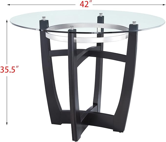 42" Glass Top Round Counter Height Table with Solid Wood Base, 1/2" Thick Tempered Glass, 35.5" High Dining Table