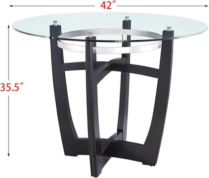 42" Glass Top Round Counter Height Table with Solid Wood Base, 1/2" Thick Tempered Glass, 35.5" High Dining Table