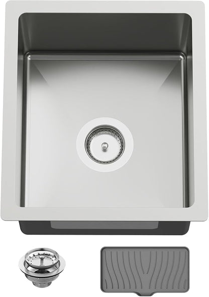 15x17 In Undermount Kitchen And Bar Sink- Stainless Steel Single Bowl Kitchen Sink Modern Drop In Bar Sink With Silicon Mat,Drain Strainer Set Compatibility With Various Kitchen & Bar Style