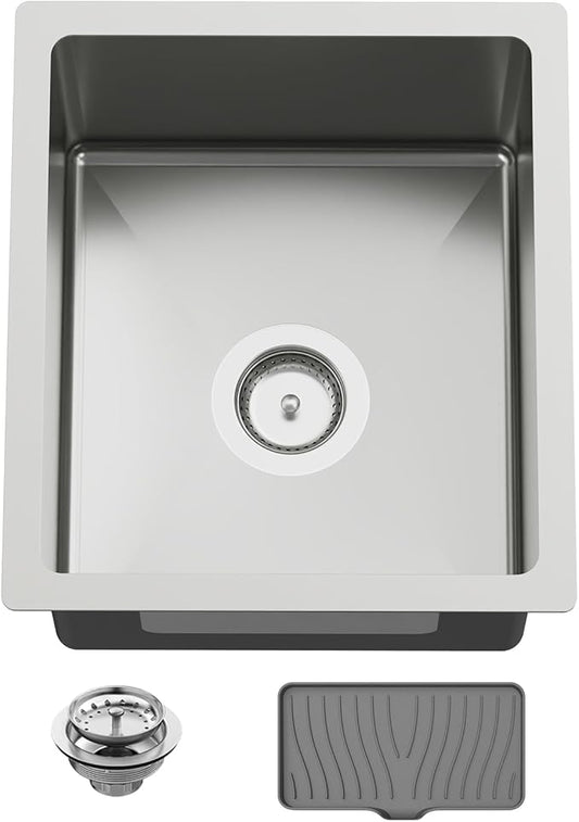 15x17 In Undermount Kitchen And Bar Sink- Stainless Steel Single Bowl Kitchen Sink Modern Drop In Bar Sink With Silicon Mat,Drain Strainer Set Compatibility With Various Kitchen & Bar Style