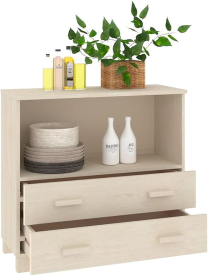 Honey Brown Solid Pine Wood Sideboard Buffet Cabinet with 3 Drawers & Open Shelf, 33.5L x 13.8W x 31.5H, Small Storage Unit for Dining Room, Kitchen, Entryway