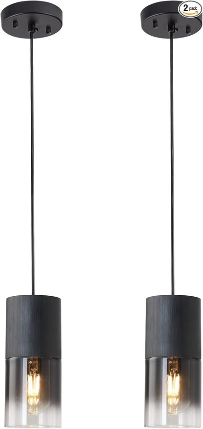 2-Pack Black Pendant Light Fixtures, Adjustable Modern Pendant Lights for Kitchen Island, Industrial Glass Pendant Lights for Dining Table Hallway Bedroom Living Room