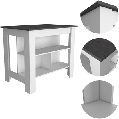 Kitchen Island Kitchen Table 35" H Four Legs with 3 Open Storage Shelves Wide Top for Meal Prep Spacious Leg Room Practical(Black White)