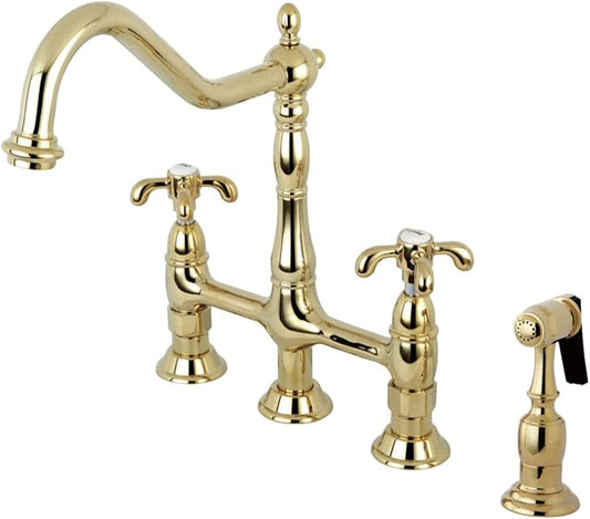 Kingston Brass KS1272TXBS French Country Bridge Kitchen Faucet with Brass Sprayer, Polished Brass