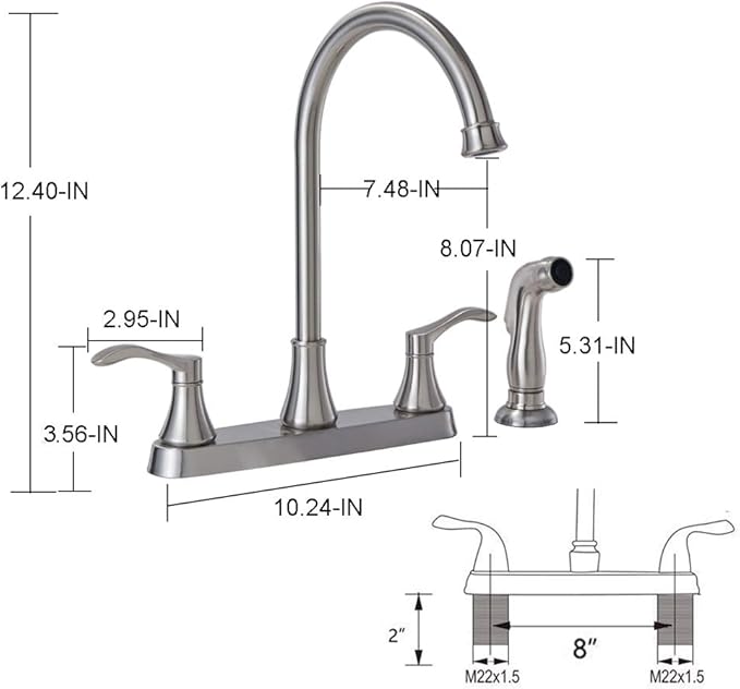 3 Hole or 4 Hole Two Handle Kitchen Faucet with Side Sprayer, Commercial Lead-Free Brushed Nickel Kitchen Sink Faucets for Rv Sinks with High-Arc Spout & Side Sprayer, VADR0004L