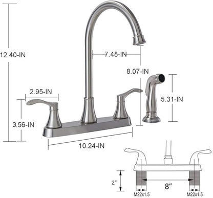 3 Hole or 4 Hole Two Handle Kitchen Faucet with Side Sprayer, Commercial Lead-Free Brushed Nickel Kitchen Sink Faucets for Rv Sinks with High-Arc Spout & Side Sprayer, VADR0004L
