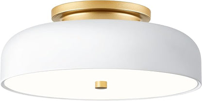 Dimmable LED Ceiling Light, White and Gold Light Fixture, Mid-Century Semi Flush Mount Ceiling Light 5CCT 2700K-6000K Ceiling Lamp for Laundry Room Kitchen, Bedroom, Hallway(11.8in)