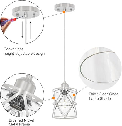 Brushed Nickel Pendant Lights for Kitchen Island, 2 Pack Adjustable Bathroom Pendant Light, Modern Hanging Lights with Clear Glass for Dining Room Island Sink, E26 Base,5.51'' Shade 59.06''Cord