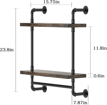 Helsin Industrial Pipe Floating Bathroom Shelves Wall Mounted with Towel bar, 2 Tier Rustic Wood Wall Shelf, 16inch Metal Towel Rack Storage Bookshelf for Bathroom, Kitchen, Farmhouse, Living Room | with Towel bar, Wall Shelf, Towel Rack, Storage Books...